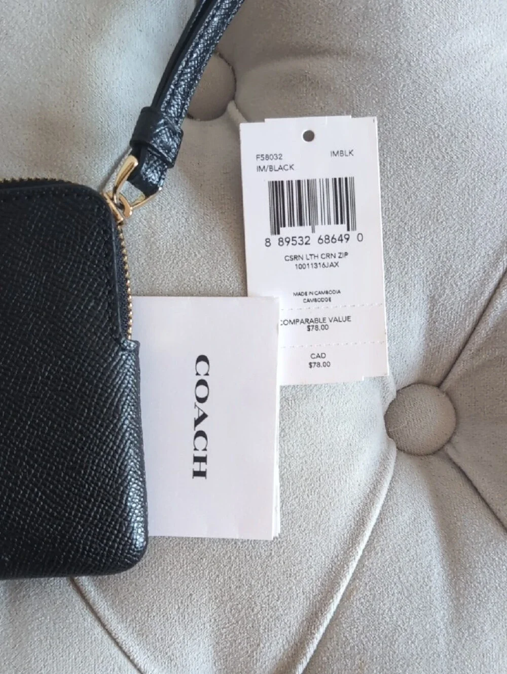 Coach Black Saffiano Leather Wristlet with Gold Logo